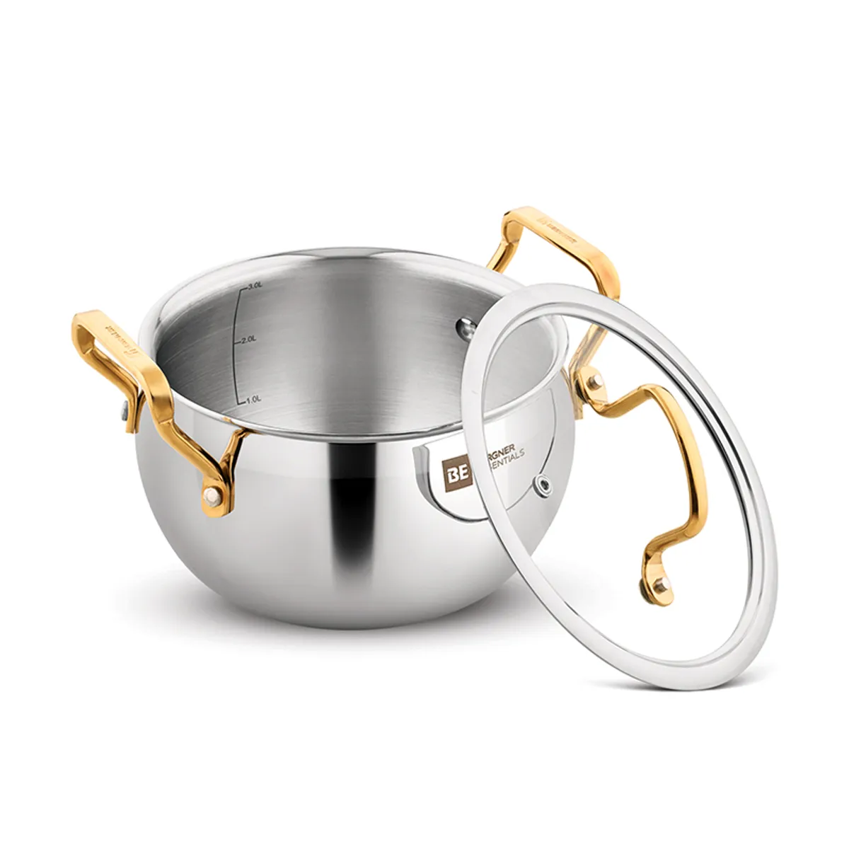 Silver round handi with glass lid and gold-toned handles